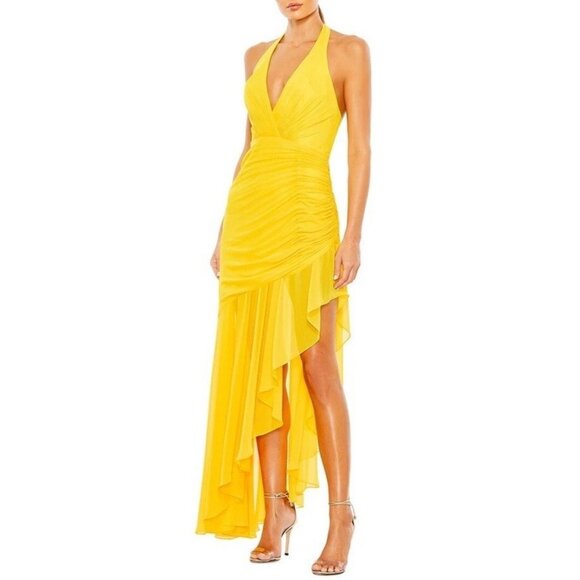 Mac Duggal NWT Asymmetrical Hem Halter Gown Long Dress Yellow Women's Size 12 - Picture 1 of 16